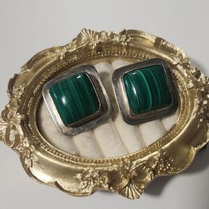 Green and Sterling Silver Square Earrings 925 Mexico